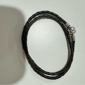Pandora Grey Braided Leather Bracelet with Silver Clasp